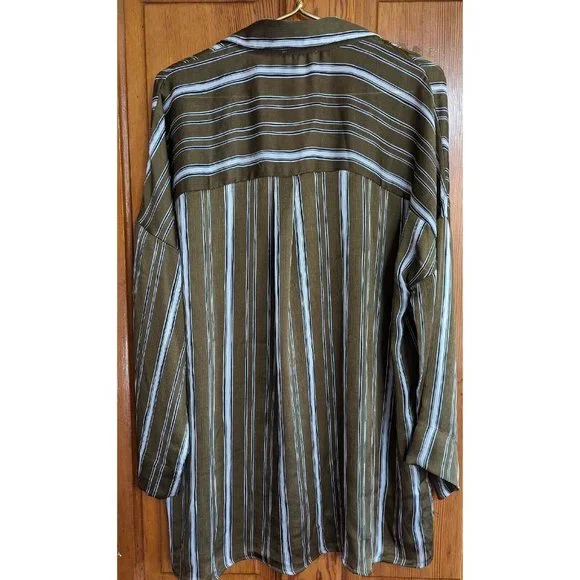 Umgee Top Womens Large Green White Striped Gauzy Oversized Tunic Blouse - Picture 5 of 8